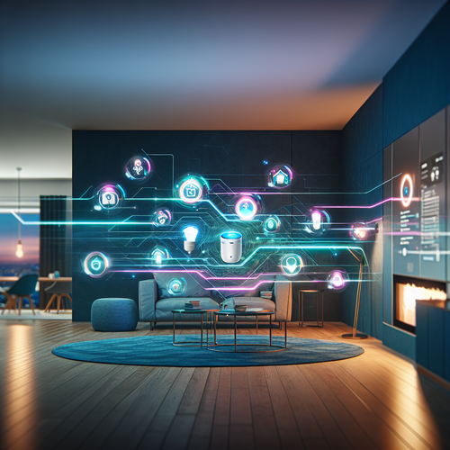 A futuristic smart home interior with interconnected devices like a voice assistant, thermostat, and security camera, linked by glowing neon lines and digital overlays, reflecting a secure and advanced home automation ecosystem for 2025.
